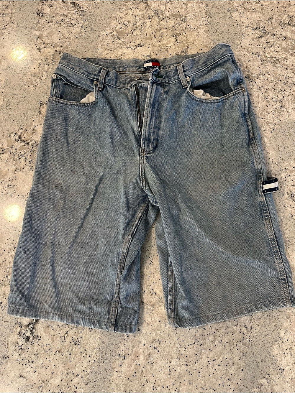 Early 2000s Tommy Hilfiger Men's Faded Blue Denim Oversized Carpenter Shorts